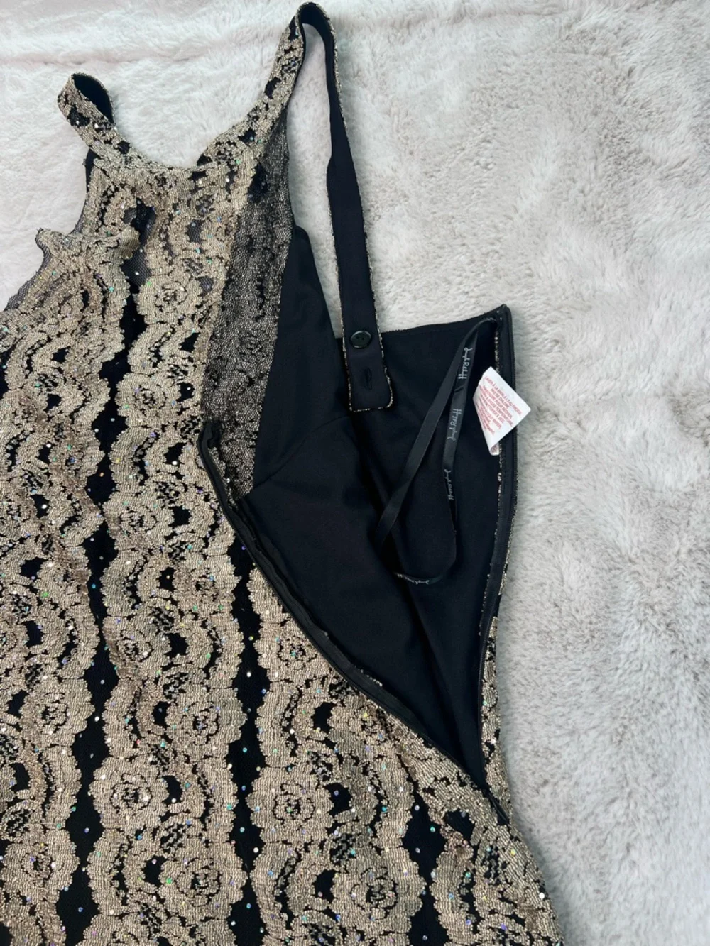 Joseph Ribkoff Black Gold Sparkle Lace Halter Bodycon Dress Size 12 Mini Vintage - Picture 11 of 16